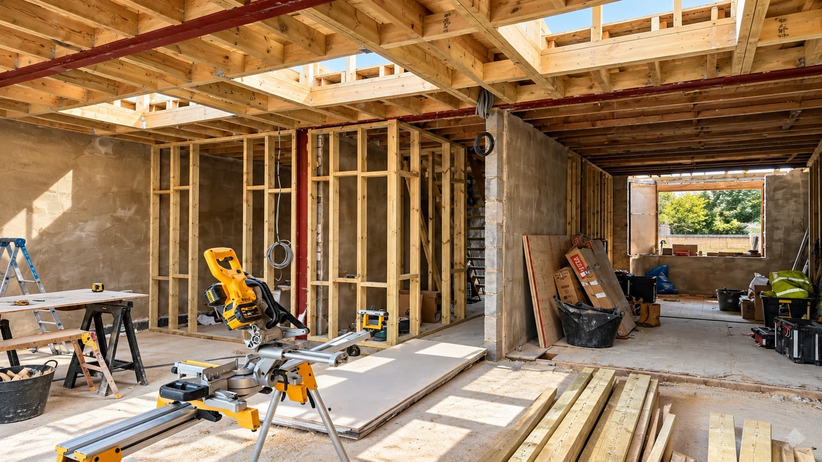Roof joist framing during a residential extension build