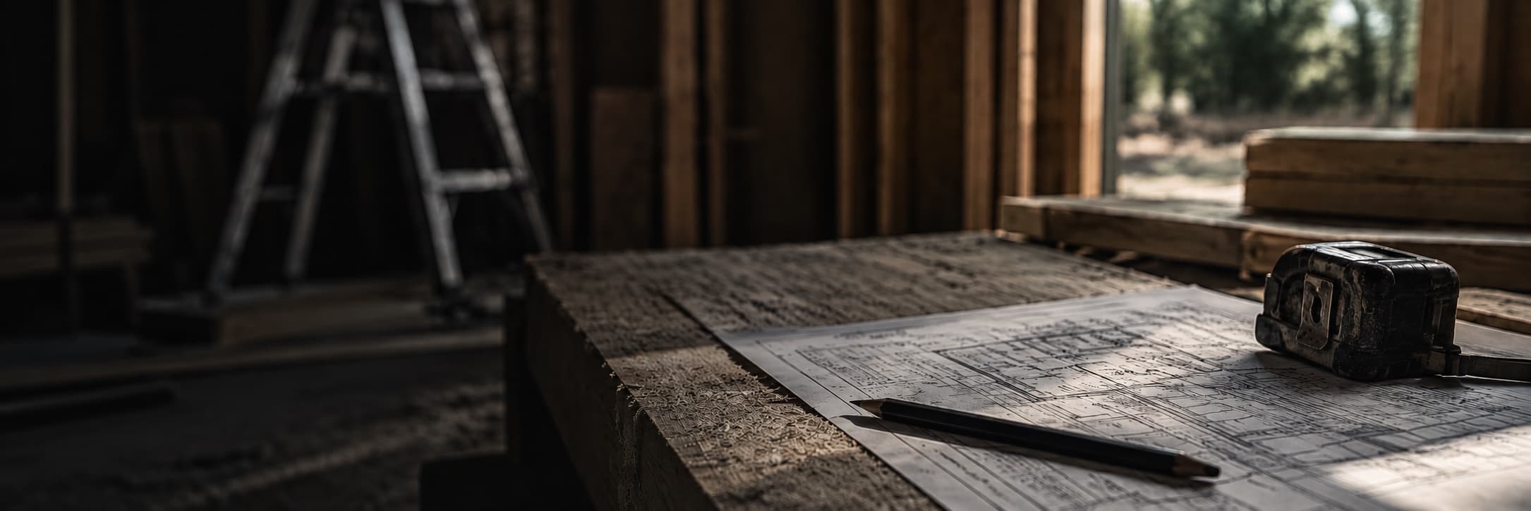Architectural plans and drawings laid out on site