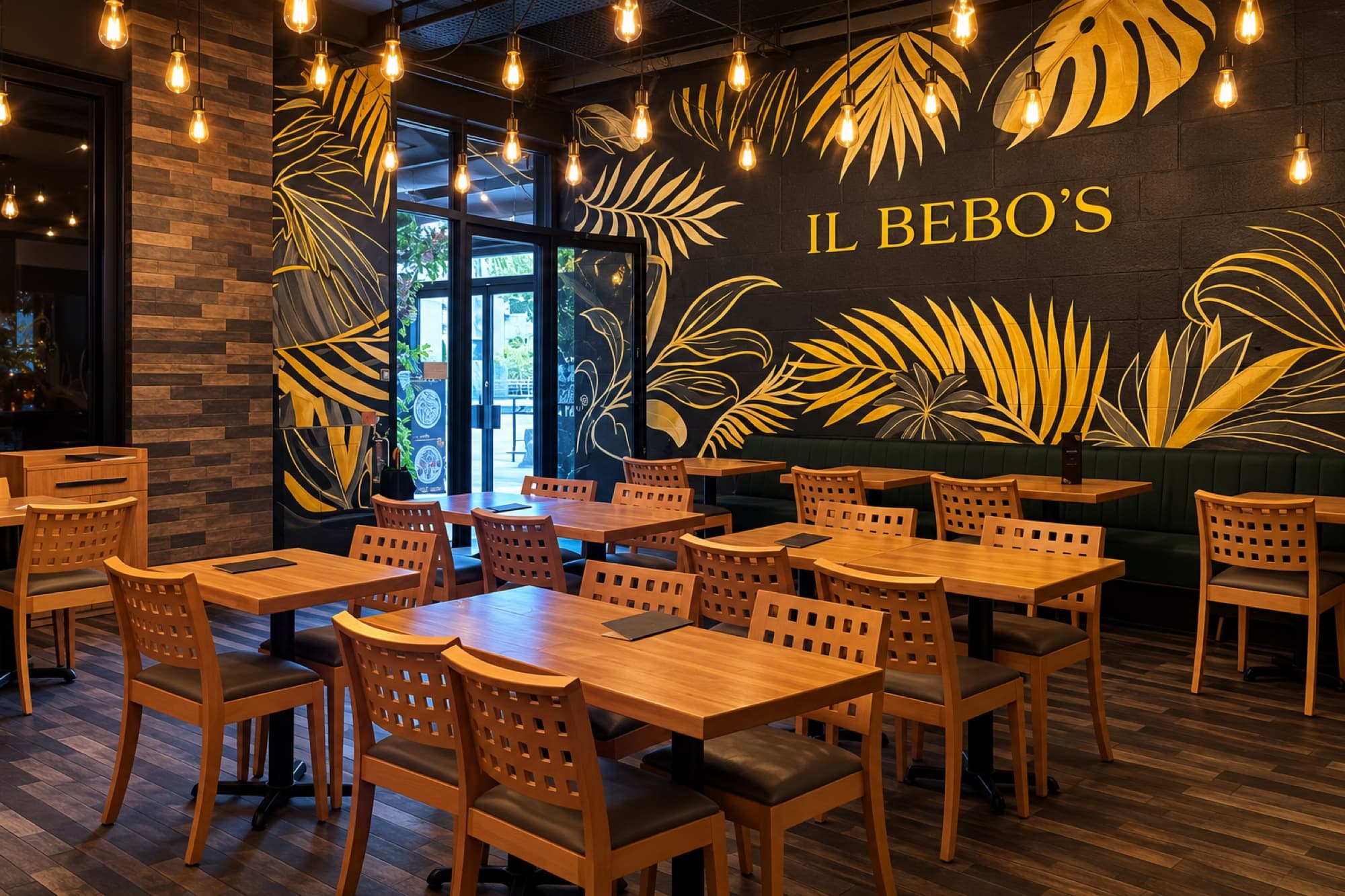Restaurant interior fit-out with tropical-leaf mural, pendant lighting and wooden dining furniture