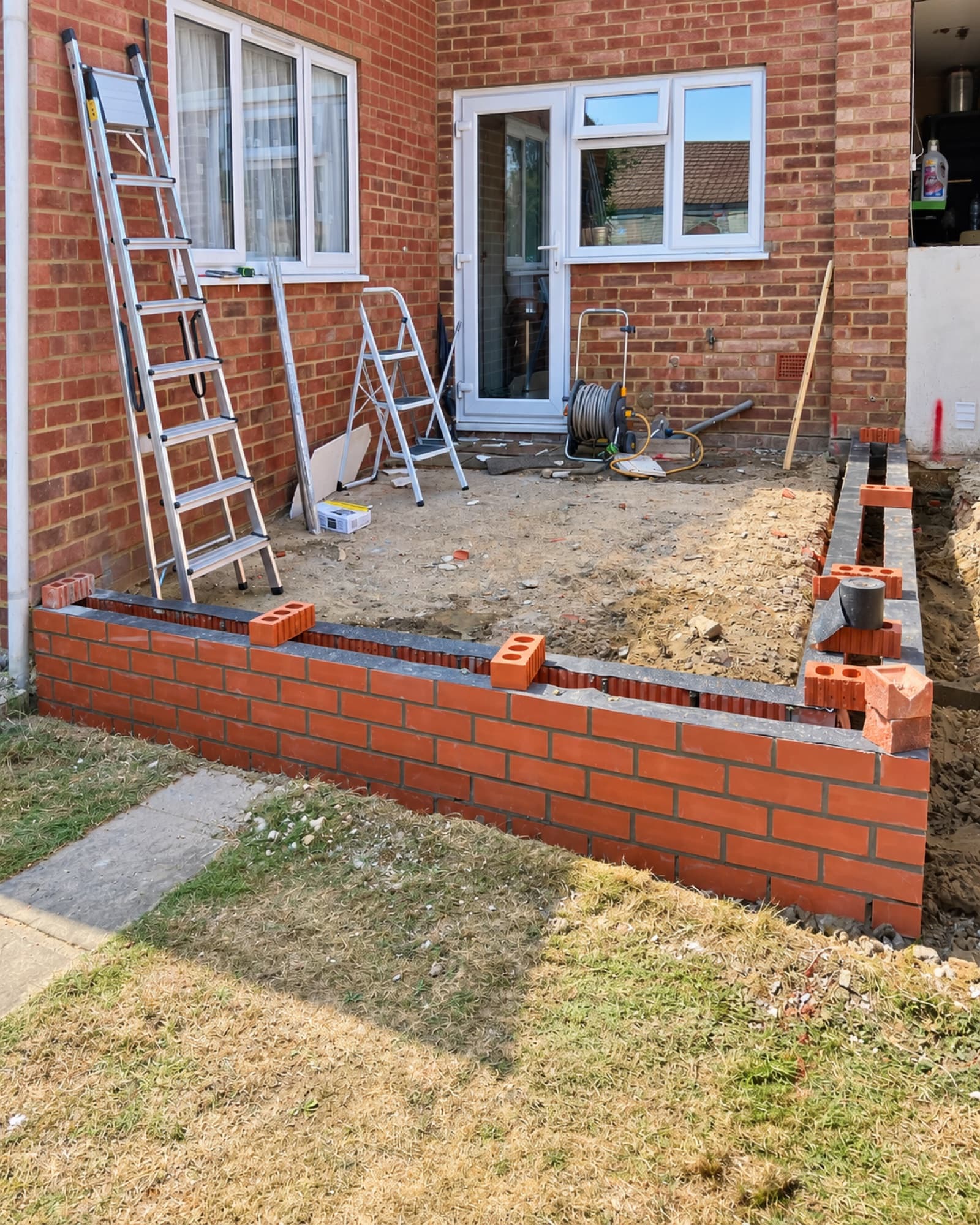 New brick wall course being built up from the footings, ladders alongside