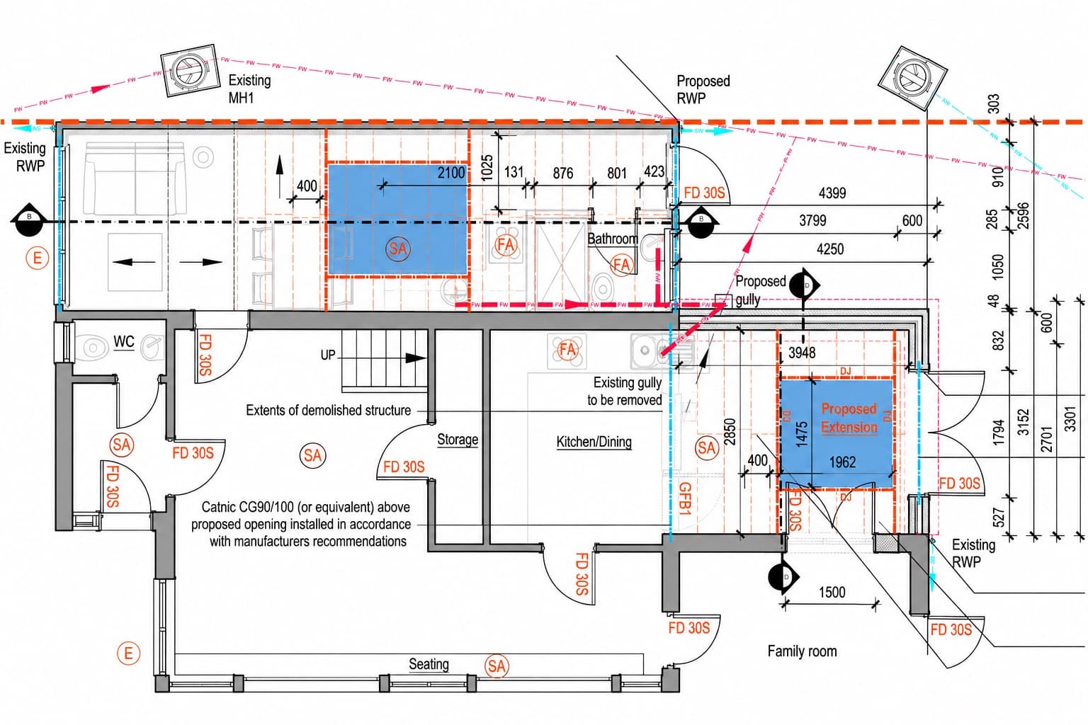 Architectural drawing of a proposed extension, annotated with dimensions and building control details