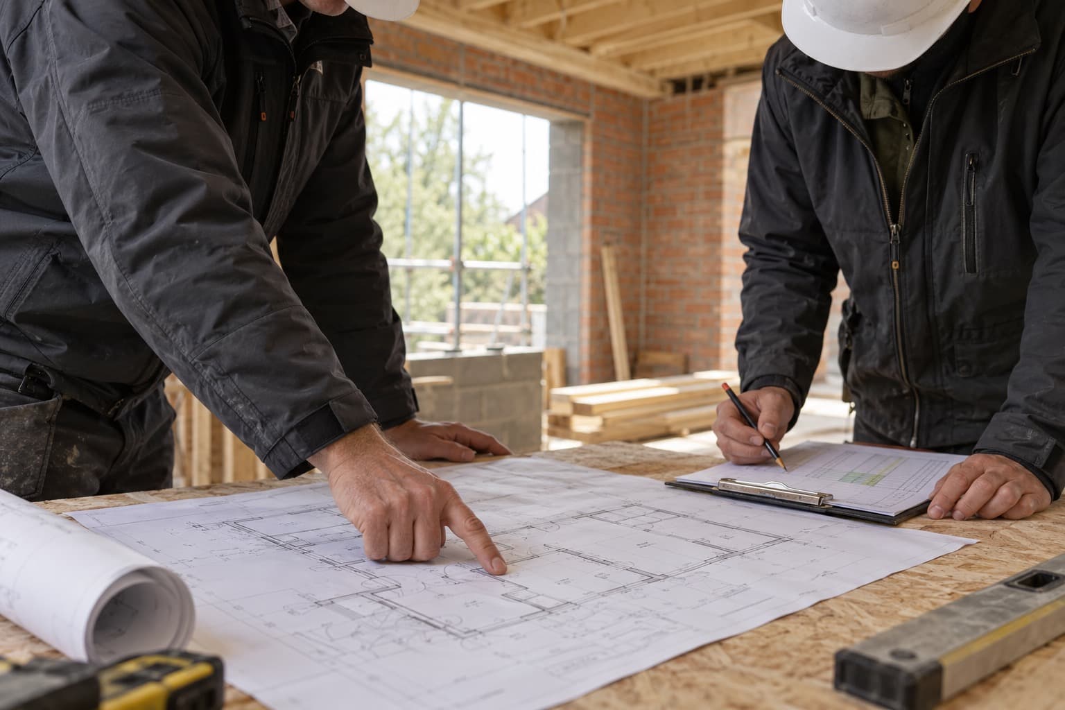 Site managers reviewing architectural plans and a weekly progress checklist on site