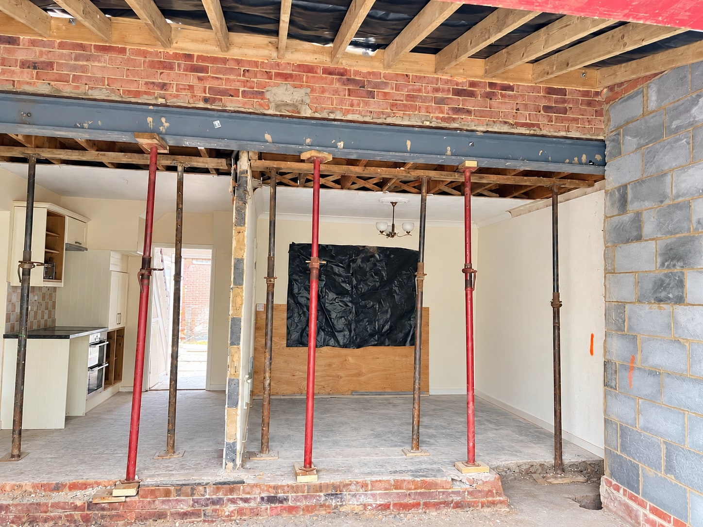Structural steel beam and temporary supports during the Ashford refurbishment