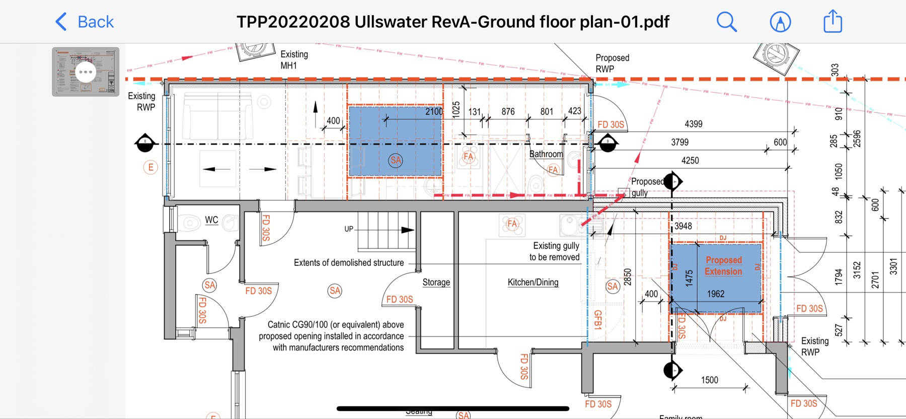 Architect's ground floor plan showing the proposed rear extension and garage conversion layout